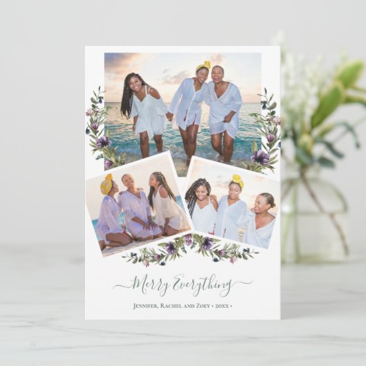 Sage Groen Bloemen Elegant Script Merry Alles Feestdagenkaart (Staand voorkant)