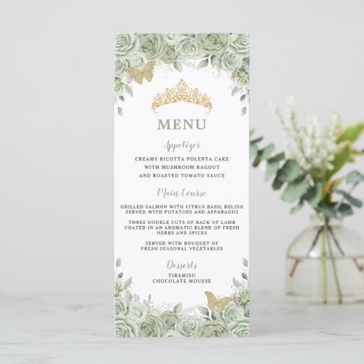 Sage Groen Bloemen Goud Quinceanera Verjaardagsmen Programma (Staand voorkant)