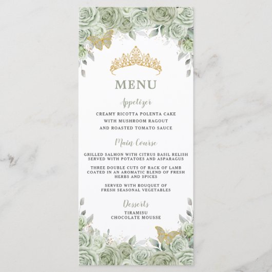 Sage Groen Bloemen Goud Quinceanera Verjaardagsmen Programma (Voorkant)