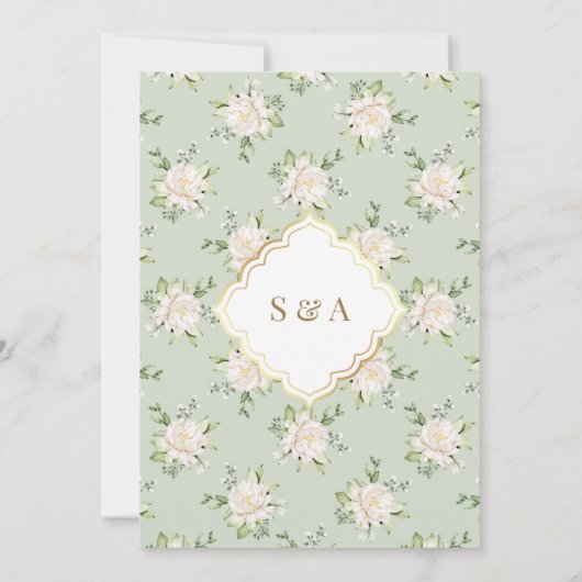 Sage Groen Bloemen Gouden Boog Moslim Bruiloft Kaart (Achterkant)