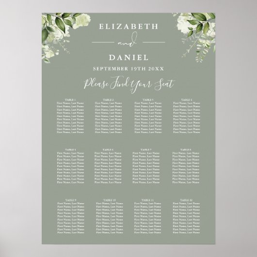 Sage Groen Bloemen Groen Bruiloft Zitkaarten Poster (Voorkant)