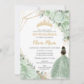 Sage Groen Bloemen Prinses Jurk Goud Quinceañera Kaart (Voorkant)