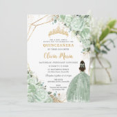 Sage Groen Bloemen Prinses Jurk Goud Quinceañera Kaart (Staand voorkant)