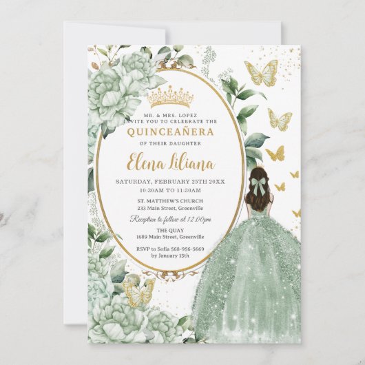 Sage Groen Bloemen Prinses Jurk Goud Quinceañera Kaart (Voorkant)
