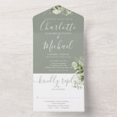 Sage Groen Bloemen Script Monogram Bruiloft All In One Uitnodiging (Binnen)