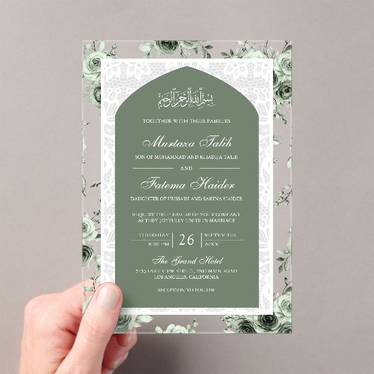 Sage Groen Bloemen Wit Kant Boog Moslim Bruiloft Acryl Uitnodigingen (Insitu (Draagbaar))