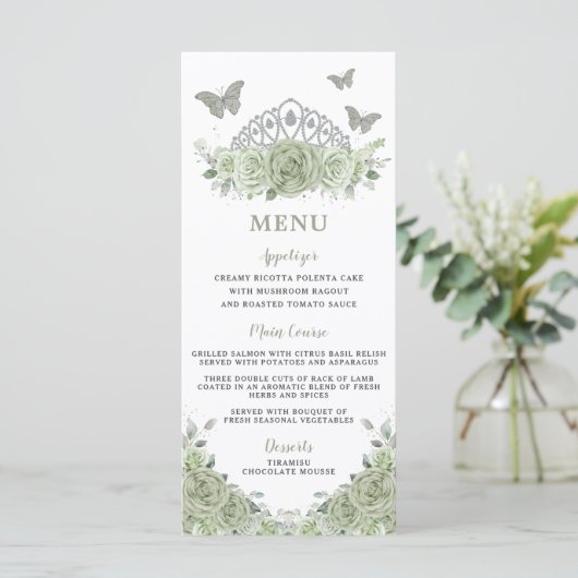 Sage Groen Bloemen Zilver Quinceanera Verjaardagsm Programma (Staand voorkant)