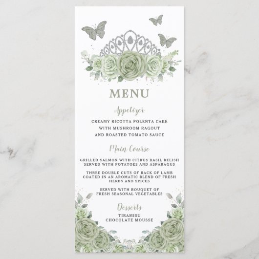 Sage Groen Bloemen Zilver Quinceanera Verjaardagsm Programma (Voorkant)