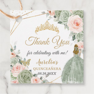 Sage Groen Blush Bloemen Blond Meisje Quinceañera Bedankjes Labels