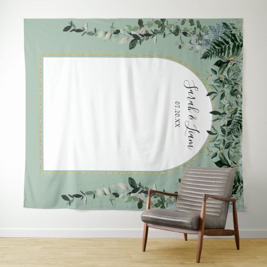 Sage Groen botanisch gebogen bruiloft foto achterg Wandkleed (In Situ (horizontaal))