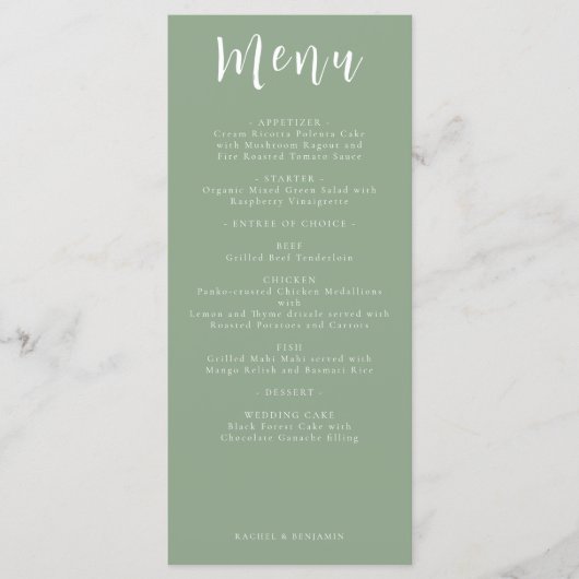 Sage Groen Bruiloft Menu Elegant Boho Eenvoudig (Voorkant)