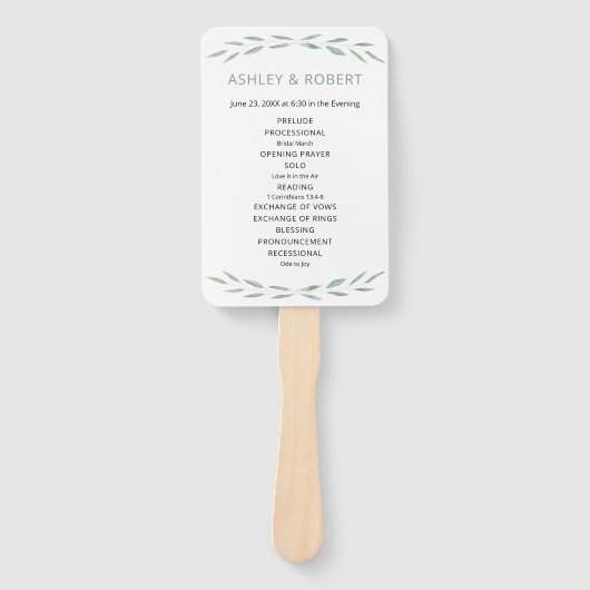 Sage groen bruiloft programma, botanische hand fan handwaaier (Voorkant)