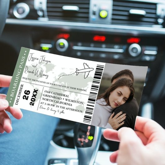 Sage groen Bruiloft uitnodiging Boarding pass tick