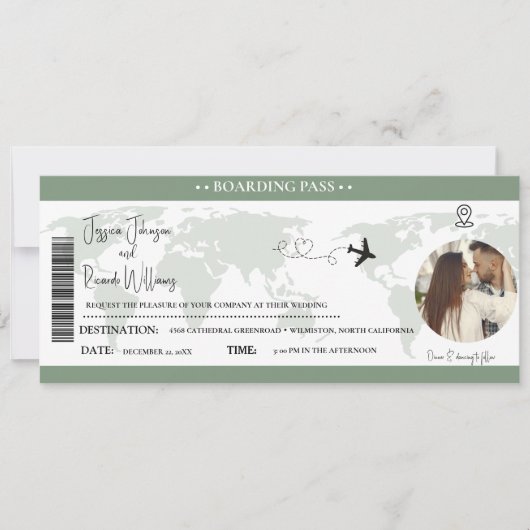 Sage Groen Bruiloft uitnodiging Boarding pass tick (Voorkant)