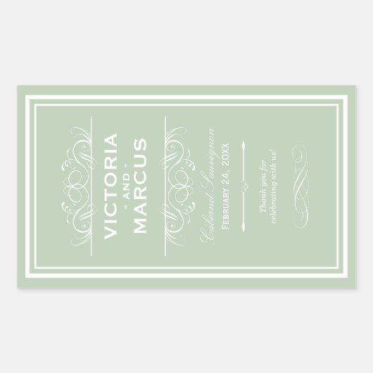 Sage Groen Elegant Bruiloft Monogram Wijnfles Rechthoekige Sticker (Voorkant)