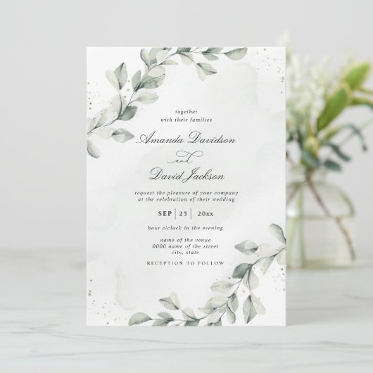 Sage Groen Elegant Eucalyptus Botanische Bruiloft Kaart (Staand voorkant)