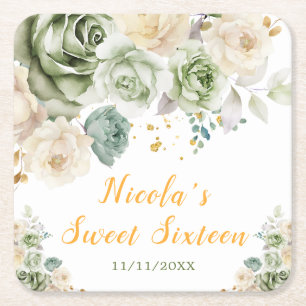 Sage groen en crème bloem Sweet Sixteen Vierkante Kartonnen Onderzetter