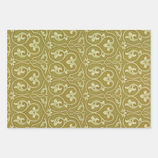 Sage Groen en Goud Art Nouveau Patroon Inpakpapier Vel (Voorkant 3)