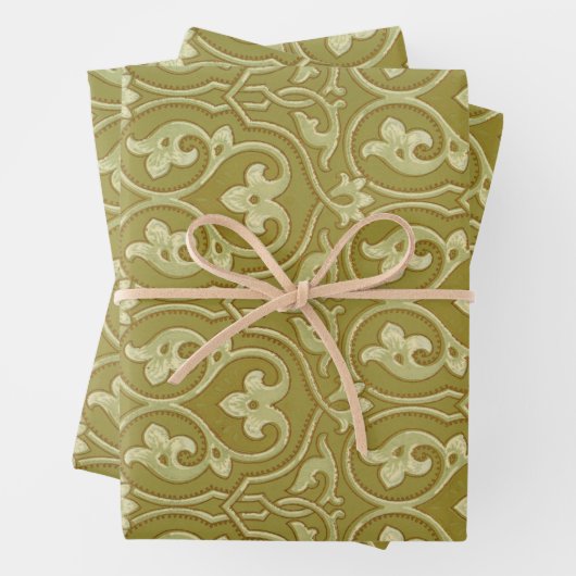 Sage Groen en Goud Art Nouveau Patroon Inpakpapier Vel (In situ)