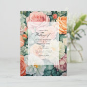 Sage Groen en Perzik Bloemen Bruiloft Kaart (Staand voorkant)