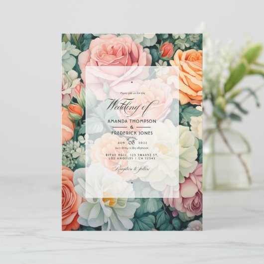 Sage Groen en Perzik Bloemen Bruiloft Kaart (Staand voorkant)