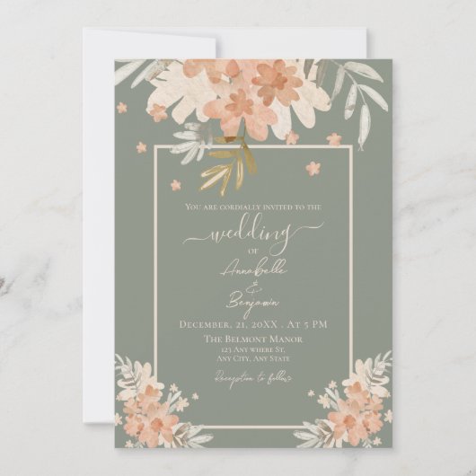 Sage Groen en Perzik Waterverf Bloemenbruiloft Kaart (Voorkant)