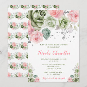 Sage Groen en Roze Bloemen Baby shower Kaart
