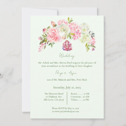 Sage Groen en Roze Bloemen Hindu Ganesh Bruiloft Kaart (Voorkant)
