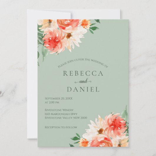 Sage Groen en Sinaasappel Bloemen Boho Bruiloft Kaart (Voorkant)