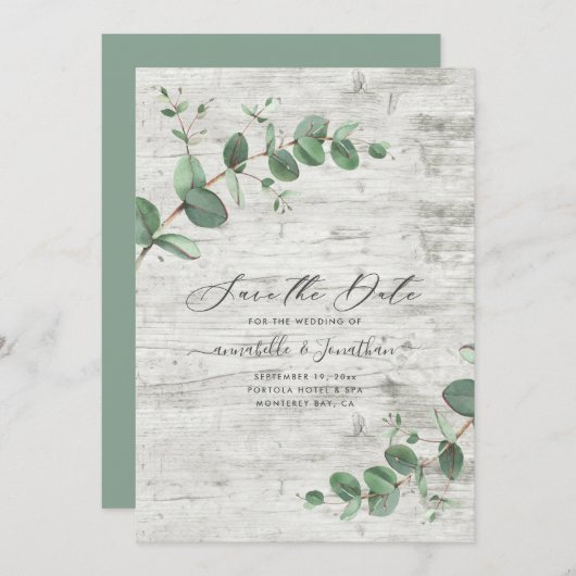 Sage groen Eucalyptus botanical folious white wood Save The Date (Voorkant / Achterkant)