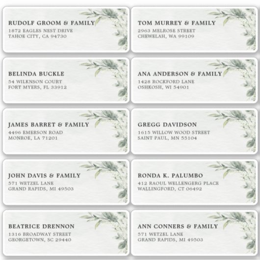 Sage Groen Eucalyptus Bruiloft Gast Naam Adres Sticker (Voorkant)