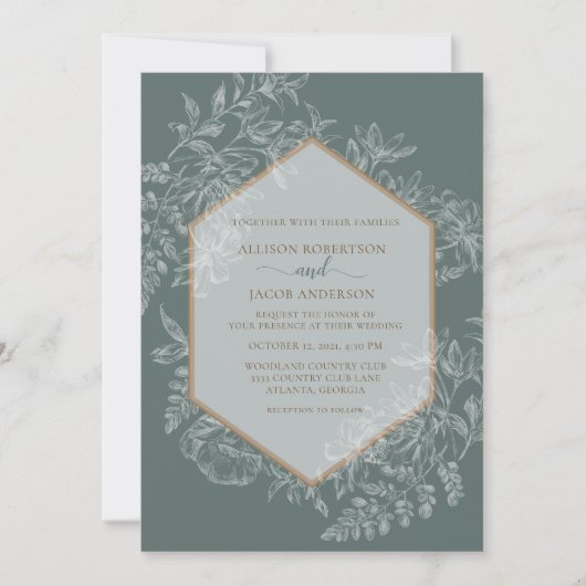 Sage Groen Geometrisch Bloemen Tapestry Bruiloft Kaart (Voorkant)