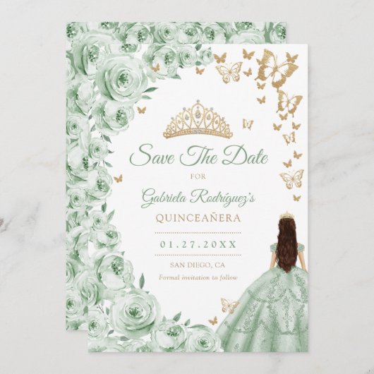 Sage Groen Goud Bloemen Quinceanera Save The Date (Voorkant / Achterkant)