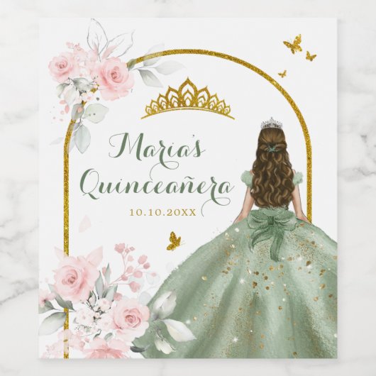 Sage Groen Gouden Vlinder Prinses Quinceañera Wijn Etiket (Enkel label)