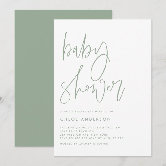 Sage Groen Handgeschreven Script Baby shower Kaart (Voorkant / Achterkant)