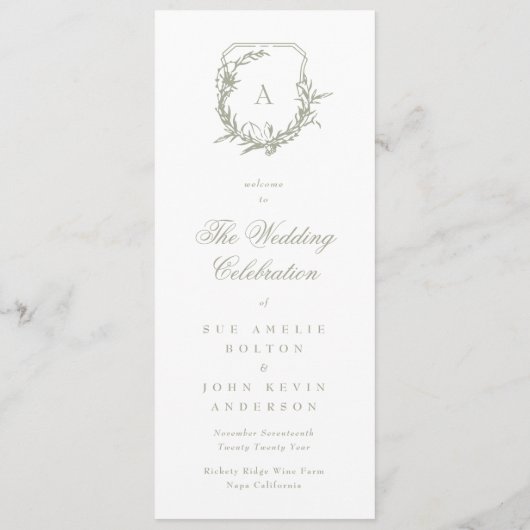 Sage Groen Klassiek Monogram Crest Bruiloft Programma (Achterkant)