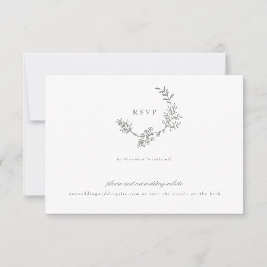 Sage Groen klassiek monogram QR CODE trouwkrans RSVP Kaartje (Voorkant)