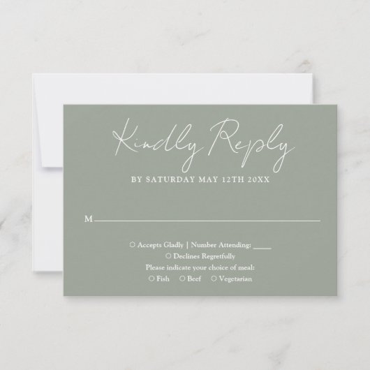 Sage Groen Minimalistisch Elegant Script Bruiloft RSVP Kaartje (Voorkant)