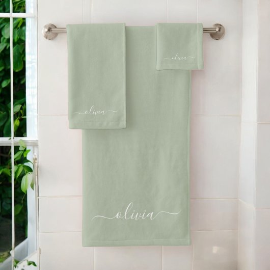 Sage Groen Minimalistisch Modern Monogram Elegant Bad Handdoek
