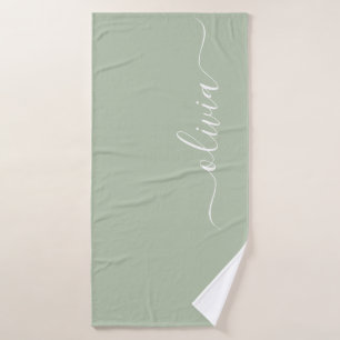 Sage Groen Minimalistisch Modern Monogram Elegant Badhanddoek