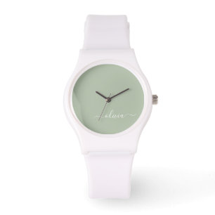 Sage Groen Minimalistisch Modern Monogram Elegant Horloge