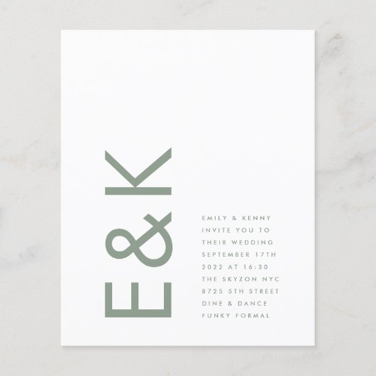 Sage Groen Modern Budget Monogram Bruiloft Flyer (Voorkant)