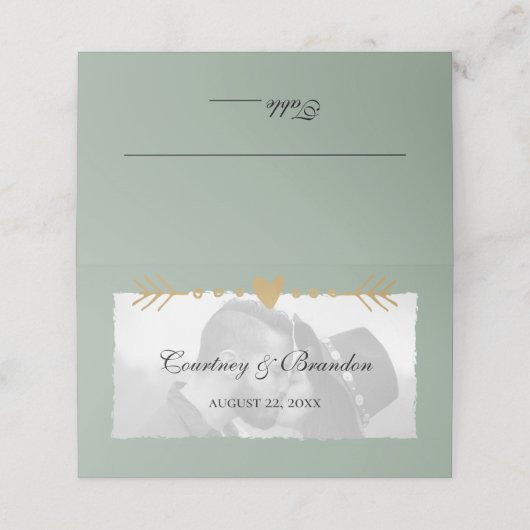 Sage Groen Moderne Foto Gouden Harten Bruiloft (Buitenkant ongevouwen)