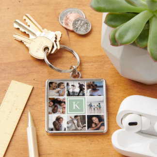 Sage Groen Monogram 8 Fotocollage Sleutelhanger