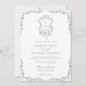 Sage Groen Monogram Bloemen Crest Bruiloft Kaart (Voorkant)