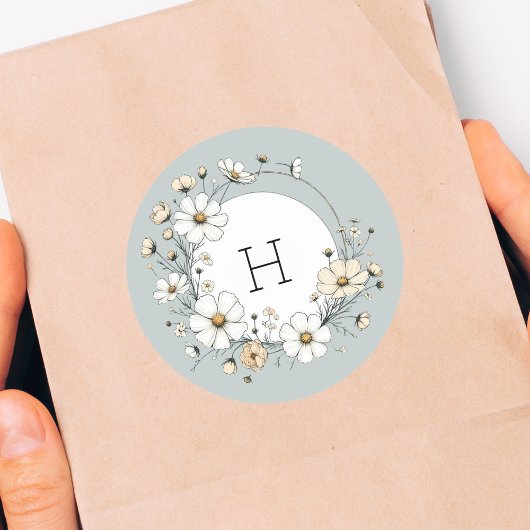 Sage Groen Monogram Boho Bloemen Gepersonaliseerd Ronde Sticker