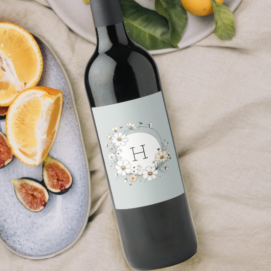 Sage Groen Monogram Boho Bloemen Gepersonaliseerd Wijn Etiket