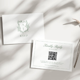 Sage Groen Monogram Crest Bruiloft QR Code RSVP Informatiekaartje