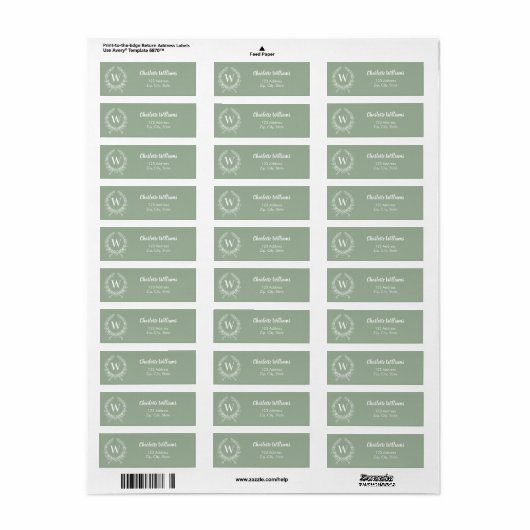 Sage groen monogram initialen krans retouradres etiket (Full Sheet)