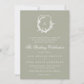 Sage Groen Monogram Klassieke Bladkam Bruiloft Kaart (Voorkant)